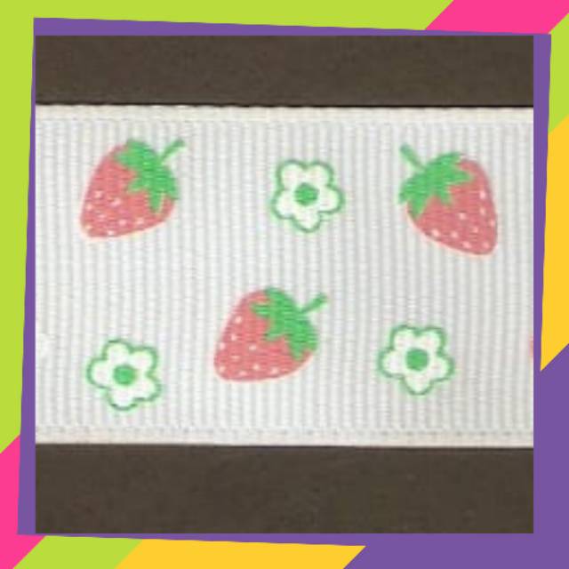 1 Meter Pita Grossgrain/Pita Salur/Pita Garis 25mm Strawberry Bunga Putih