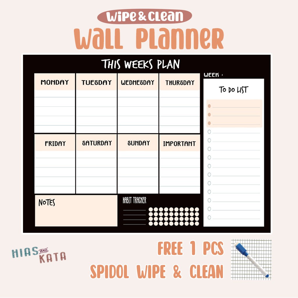 

this week planweekly planner board notes to dolist habit tracker ( free 1pcs spidol wipe& clean)