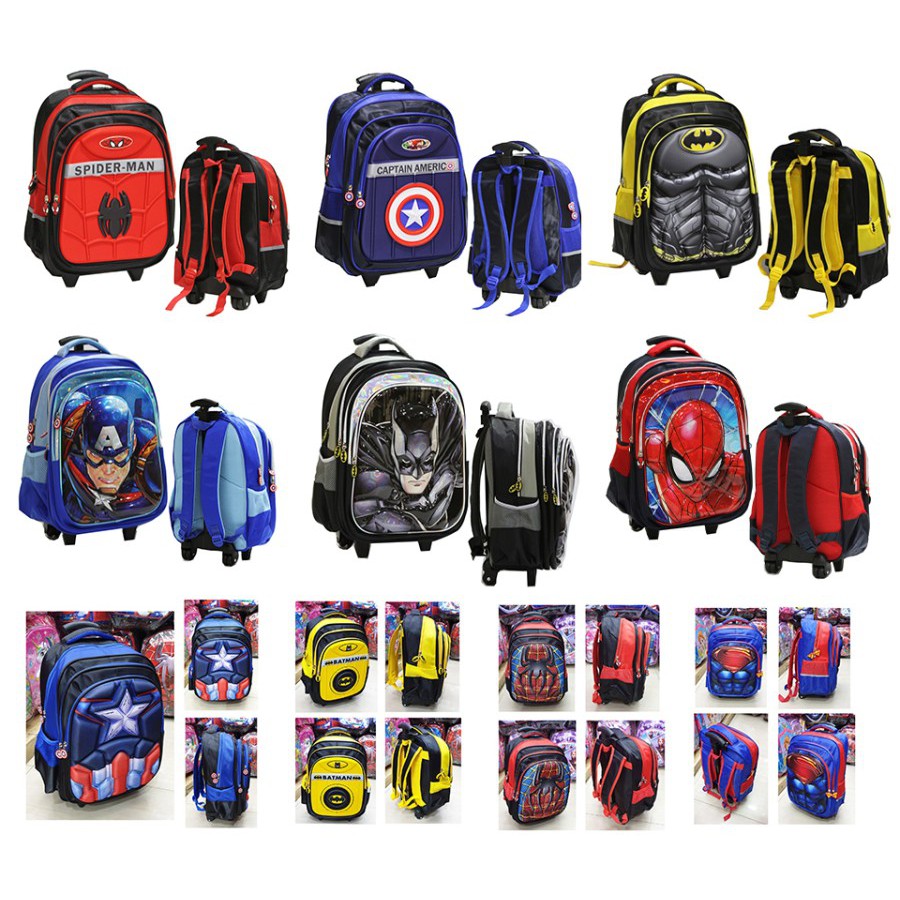 Tas Dorong Troli Anak Cowok SD Karakter SUPERHERO SPIDERMAN - BATMAN - AVENGERS - SUPERMAN - IMPORT