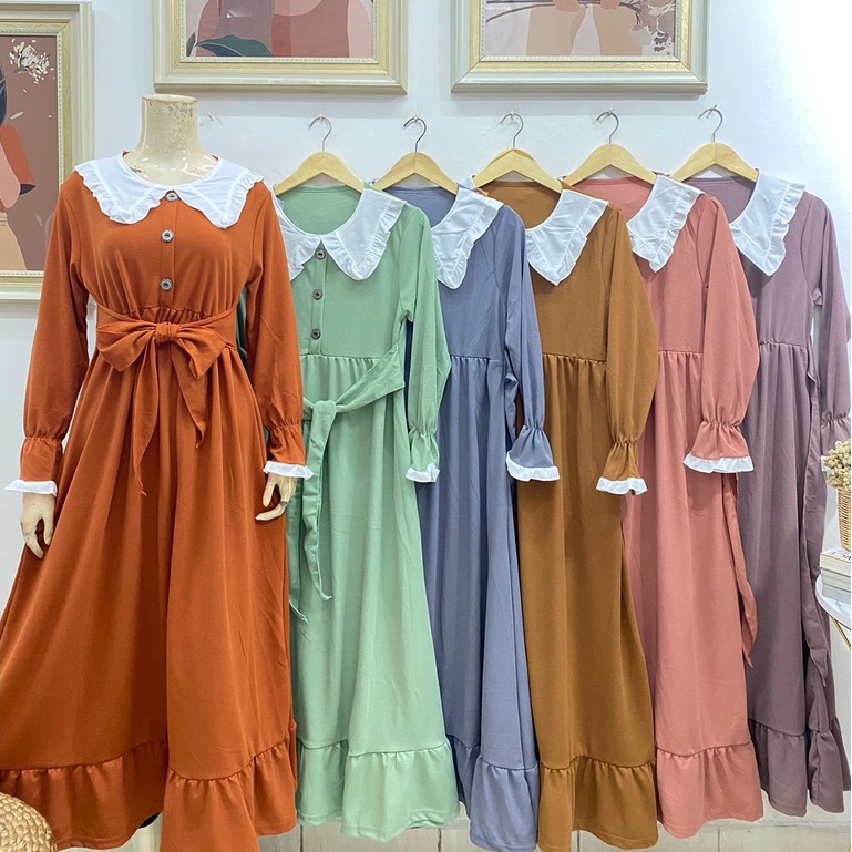 Gamis model kancing kerah korea rempel 2 susun tali pinggang bahan voxy premium merk latin