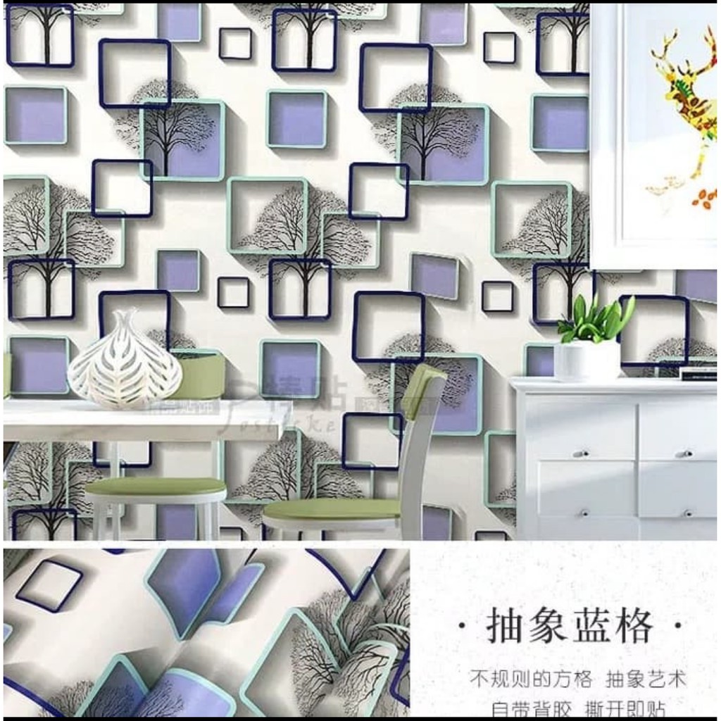 BIG SALE Grosir murah Wallpaper stiker dinding kotak pohon biru modern 3D cantik dan elegan terlaris