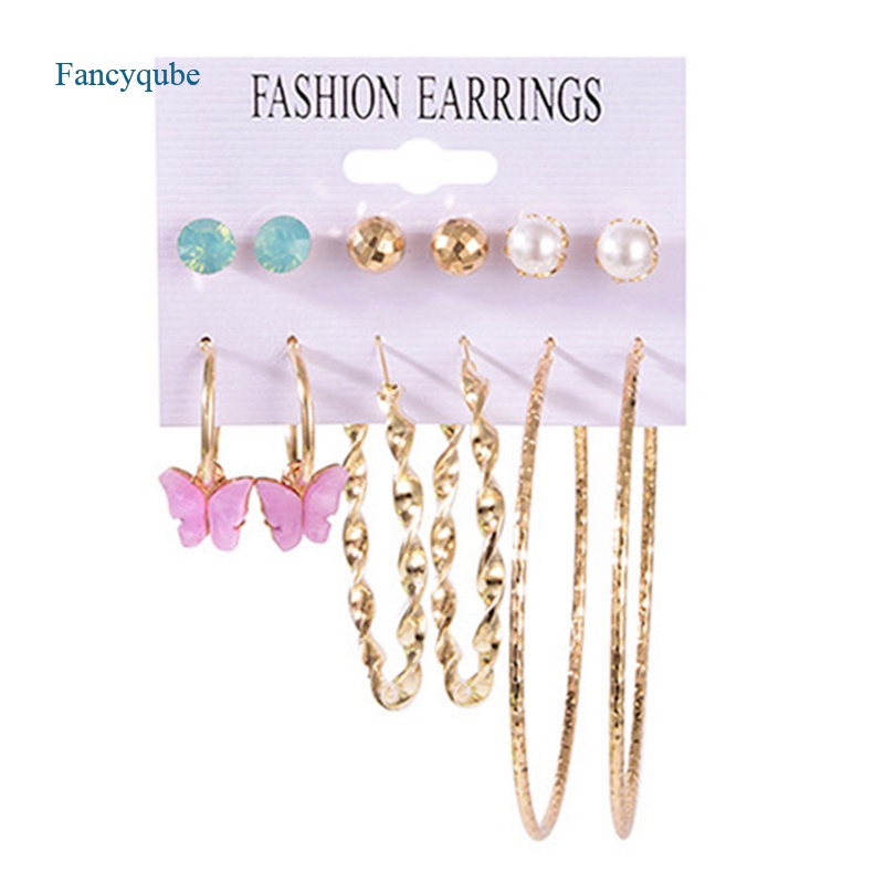 Fancyqube Fancycube 1 Set Anting Tusuk Desain Geometri Hias Mutiara Zircon Bahan Metal Untuk Wanita