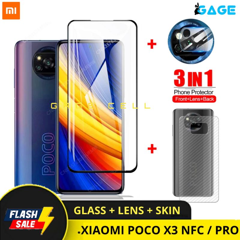 PROMO 3IN1 TEMPERED GLASS LAYAR KAMERA SKIN CARBON XIAOMI POCO X3 NFC PRO ANTI GORES DEPAN BELAKANG