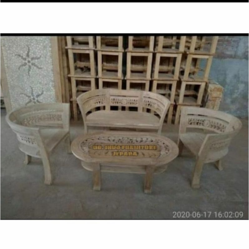 meja kursi ruang tamu model oval bahan full kayu jati mentah