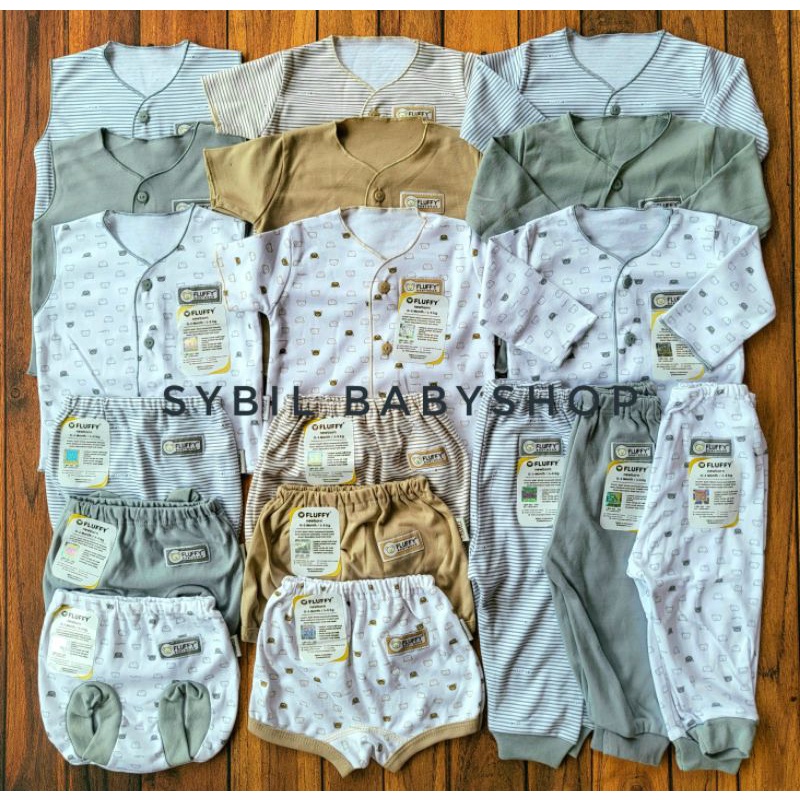 FLUFFY Paket Original Lengkap Baju Bayi (0-3 Bln) Perlengkapan Baru Lahir & Kado Bayi SNI-FLUFY GREYkhaki NECI