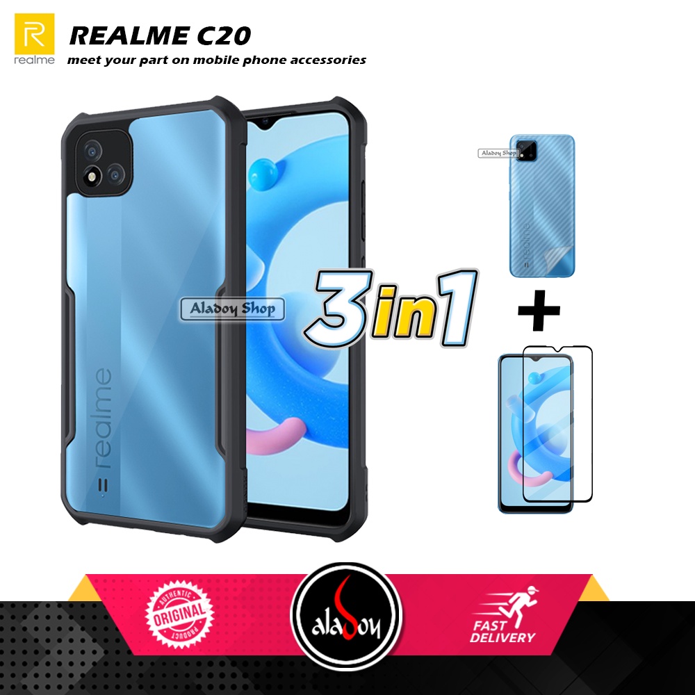 Case REALME C20 Armor Fushion Transparent Casing + Tempered Glass Full Layar dan Skin Carbon