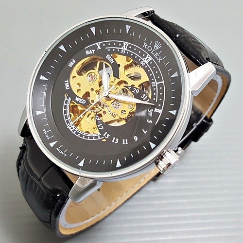 JAM TANGAN PRIA ROLEX SKELETON ALFA LEATHER BLACK