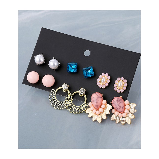 LRC Anting Set Fashion Color 6 Pairs Of Fan-shaped Alloy Stud Earrings F37651