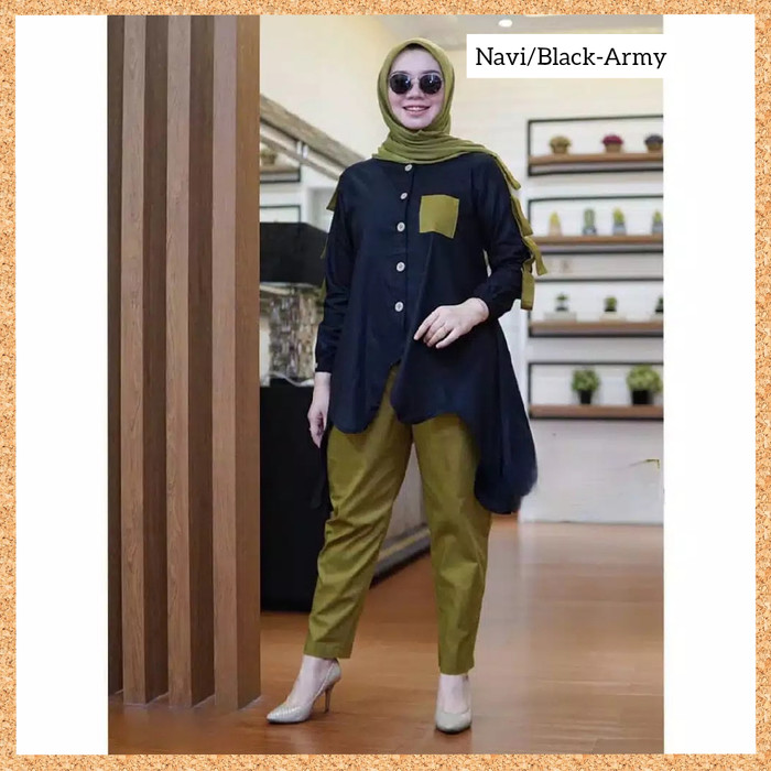 setelan wanita muslim tunik+celana dipa jumbo bigsize navi/black-army