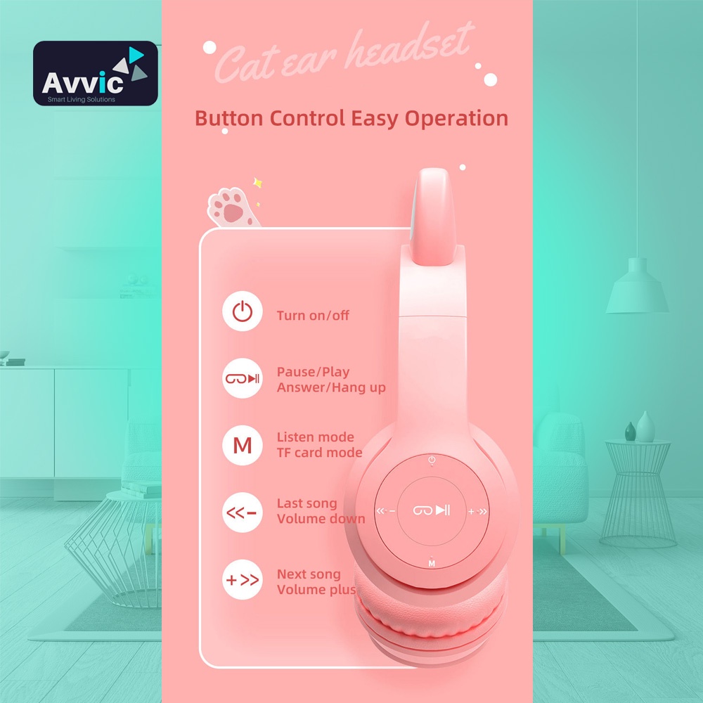 Headphone Wireless Bluetooth LED Cat Ears P47 Headset Handsfree Bando Kucing Stereo