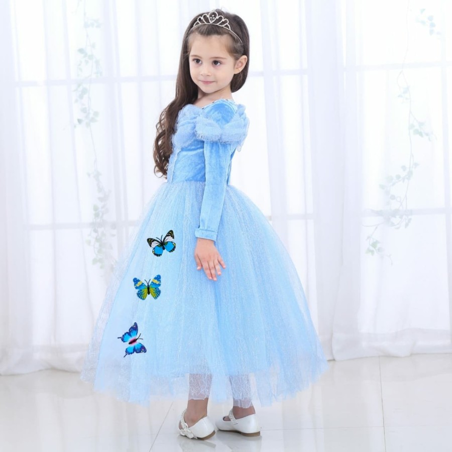 DRESS PRINCESS CINDERELLA BUTTERFLY IMPORT / KOSTUM PRINCES CINDERELLA ANAK BLUE LENGAN PANJANG