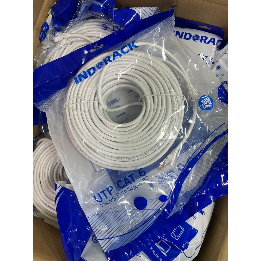Patch Cord CAT6, 24AWG, 30 Meter Blue / White / Yellow - INDORACK 30 Meter