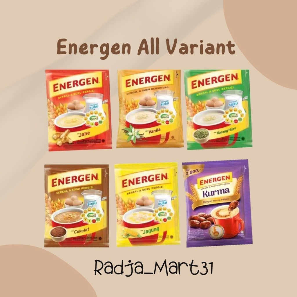 

Energen Vanilla/Kacang Hijau/Kurma/Coklat/Jahe/Sweet Corn