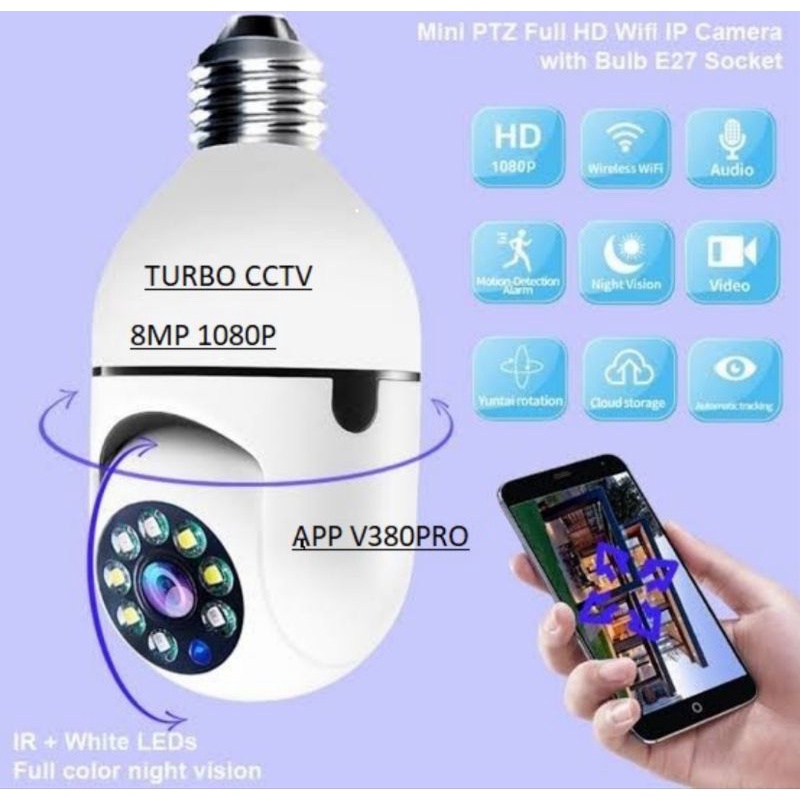 IP Camera CCTV PTZ Lampu V380Pro 8MP Full HD Malam Berwarna Wifi