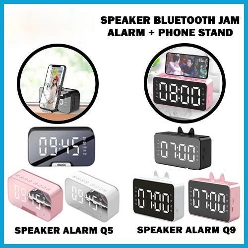 SPEAKER JAM Bluetooth Q5 Q9 LED Alarm Clock + Phone Stand Holder Digital Display Smart Portable Kaca