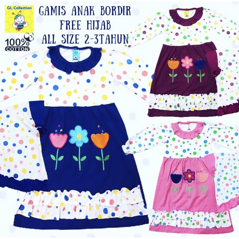 OBRAL! FREE HIJAB! DRESS GAMIS ANAK BORDIR ALL SIZE 2-3TAHUN 100%KATUN