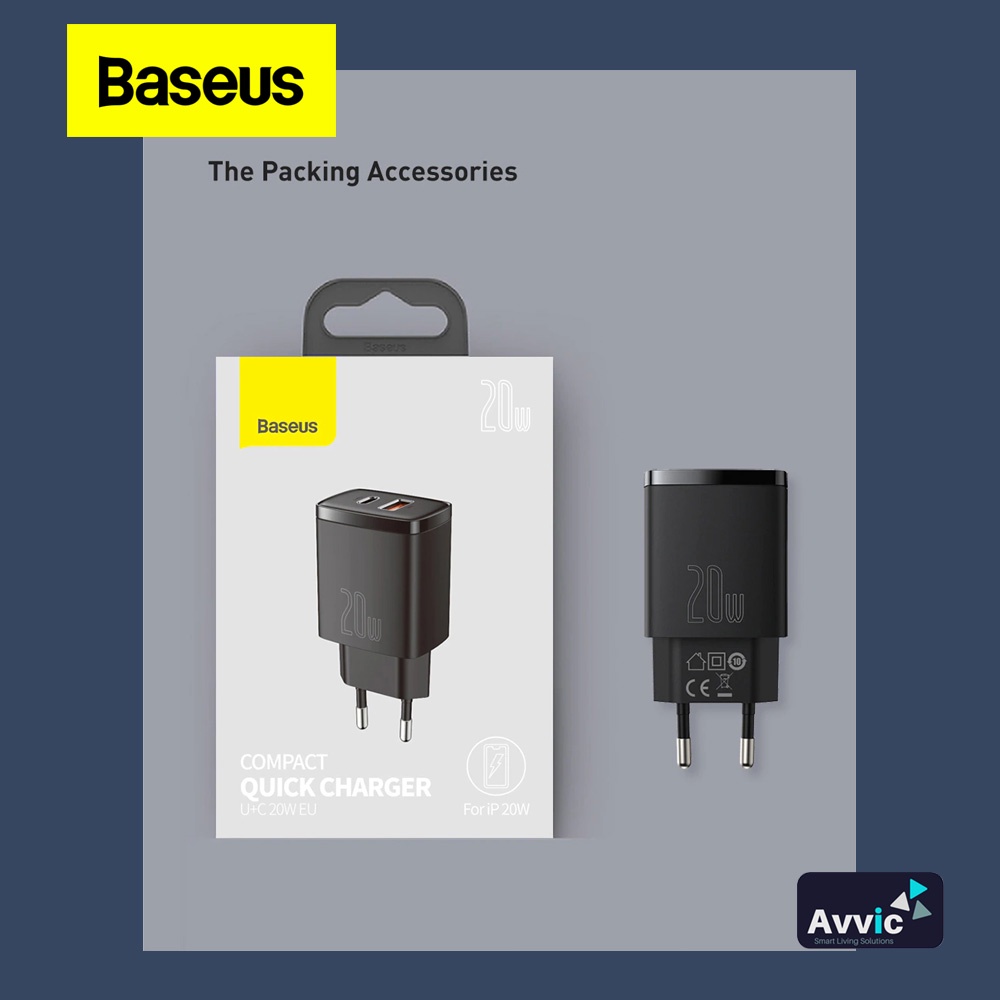 Baseus Kepala Charger Dual Port Type C + USB 20W Quick Charge QC PD Fast Charging