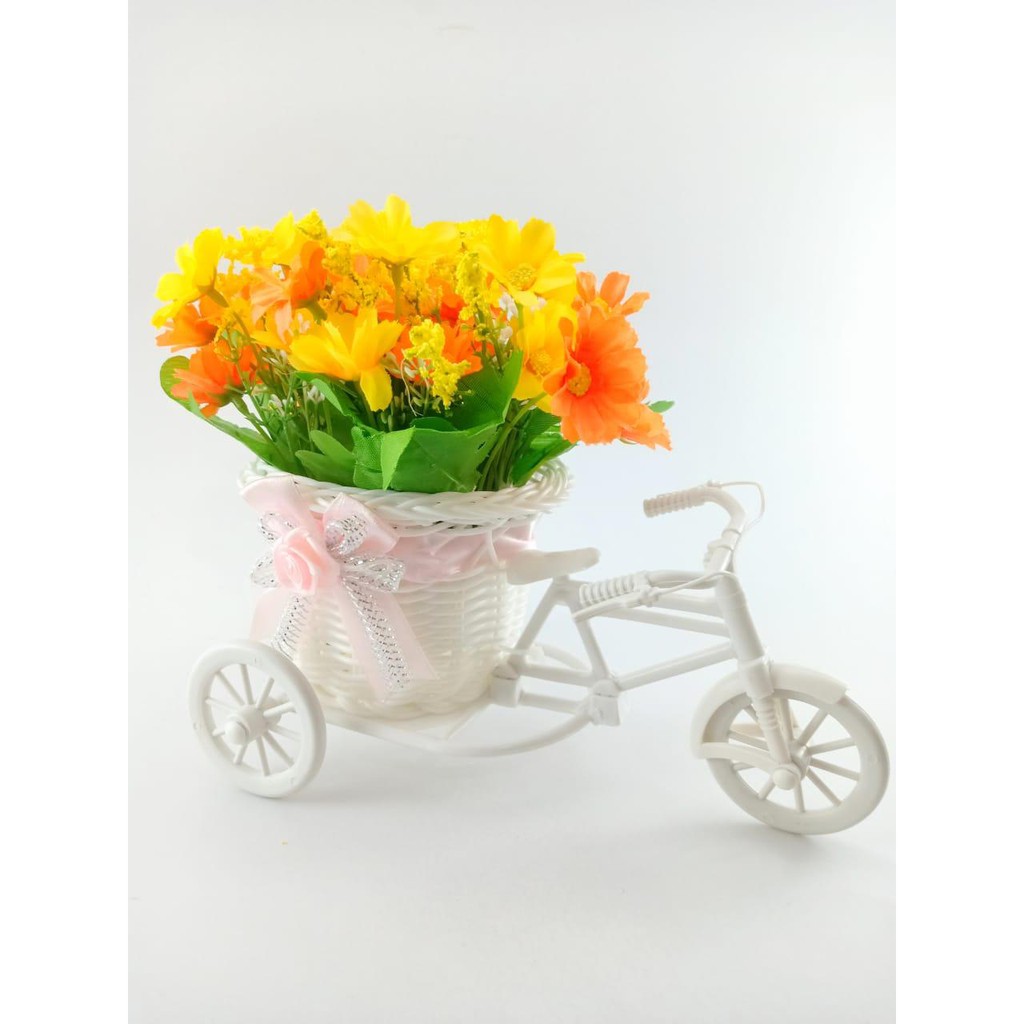 BUNGA SEPEDA SET BUNGA HIAS BUNGA PLASTIK VAS SEPEDA ROTTAN SET BUNGA DAISY BS6602-Orange muda