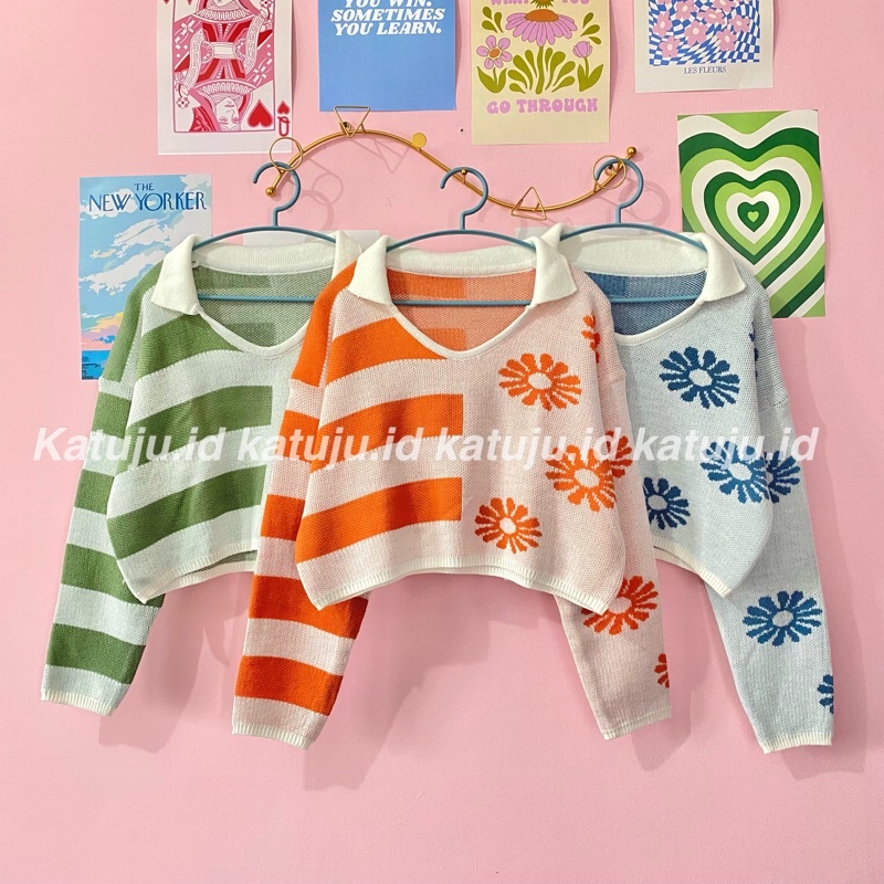 SWEATER CROP RAJUT FLOWER STRIP MODEL PENDEK