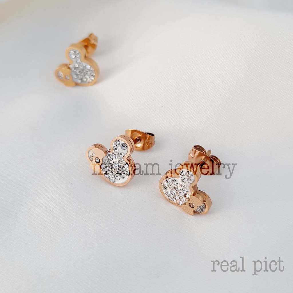 Anting Tusuk Ukuran 1cm x 1cm Minnie Dengan Taburan Diamonds Artifisial Tersedia Warna Rose Gold dan Gold