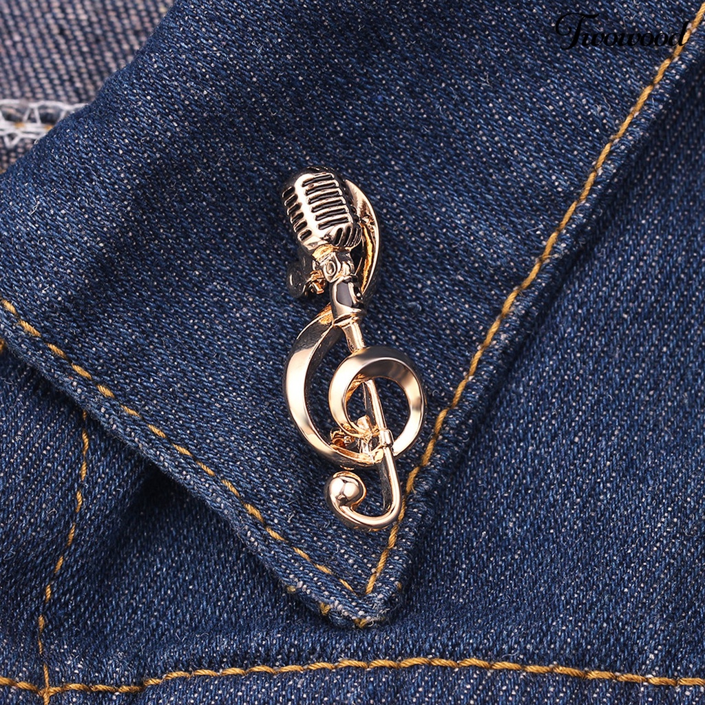 Twowood Microphone Brooch Solid Exquisite Alloy Golden Silver Color Music Note Brooches for Party