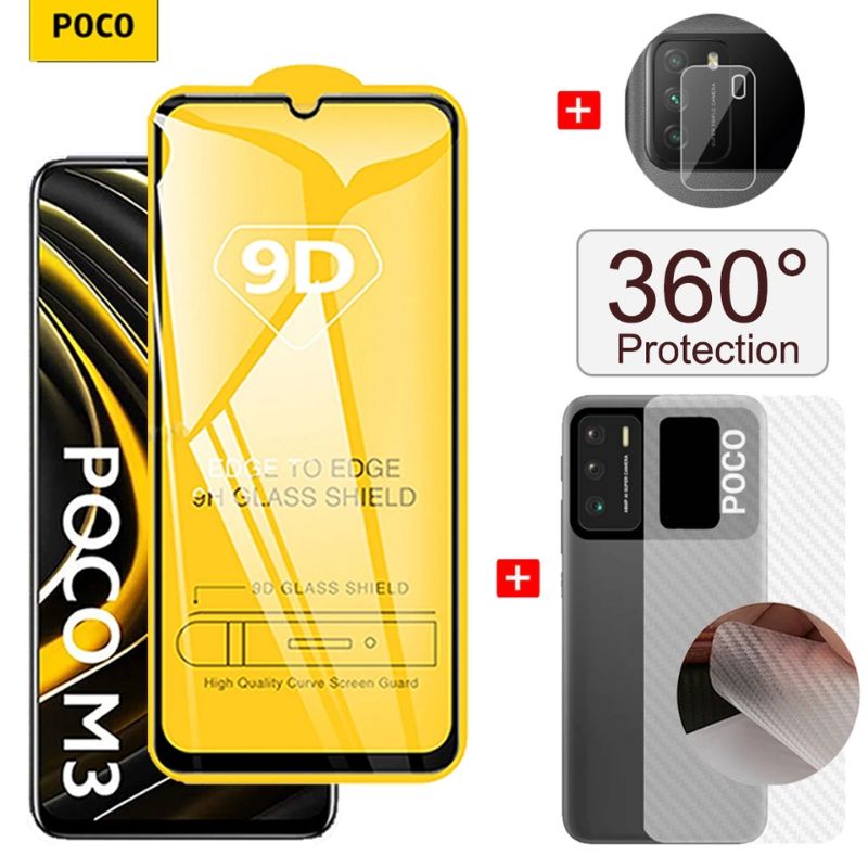 PROMO 3IN1 TEMPERED GLASS LAYAR KAMERA SKIN CARBON XIAOMI POCO M3 TG ANTI GORES DEPAN BELAKANG