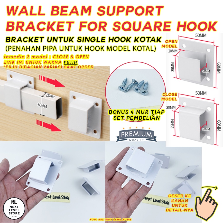 Bracket Wall Support Single Hook Kotak Cantolan Pipa Besi - PUTIH - ada 2 model : Pilih di VARIASI