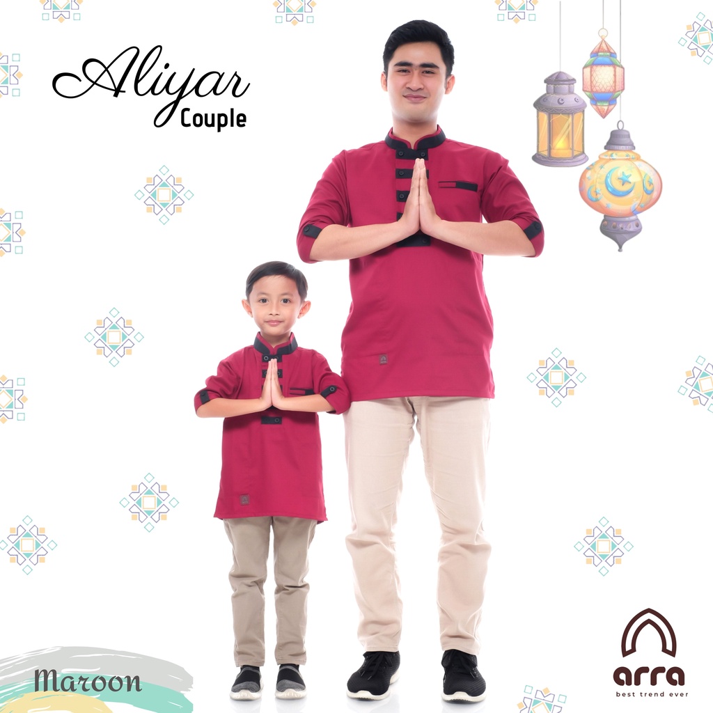 Baju Koko Arra Couple Ayah dan Anak Series Aliyar Kemeja Koko Pria Dewasa Anak Cowok Terbaru 2022 Koko Premium Kurta Pakistan Murah Baju Kokoh Anak Kapelan Koko Pakaian Muslim Pria Dewasa Baju Takwa Taqwa Pria Anak laki laki Lengan 3 4 Kain Toyobo Fodu