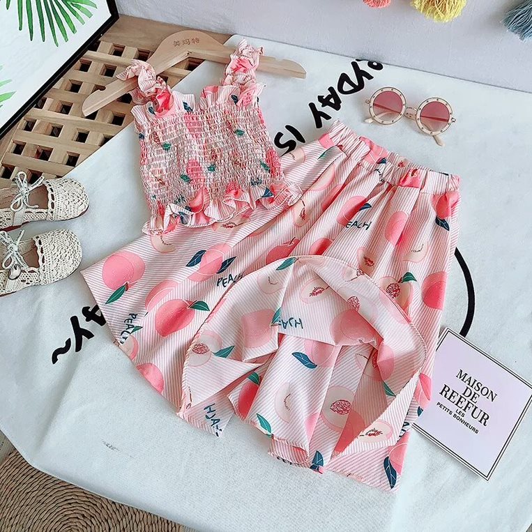 OLIVIA GIRL SET/SETELAN ANAK PEREMPUAN IMPORT/BAJU ANAK PEREMPUAN MOTIF APEL TANPA LENGAN/SETELAN BA