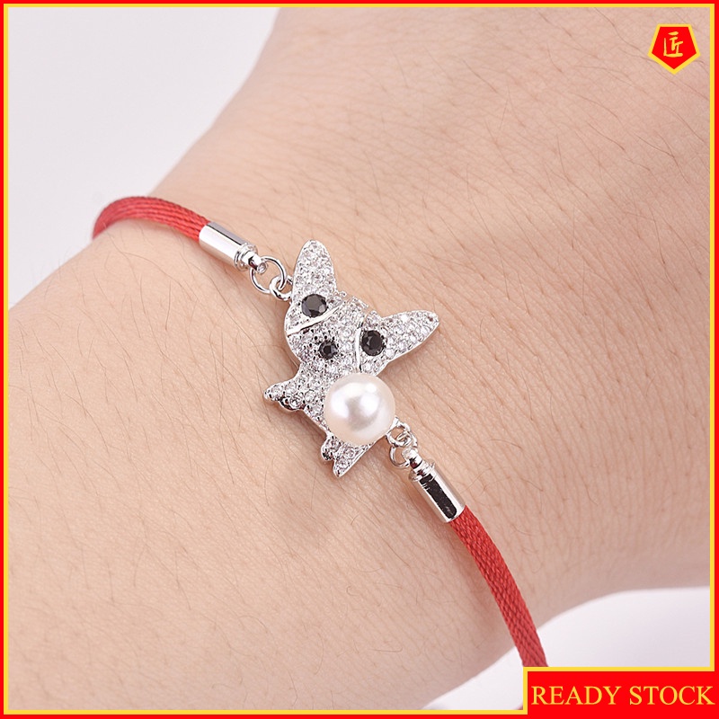 [Ready Stock]Cartoon Puppy Rhinestone Pearl Red Rope Bracelet