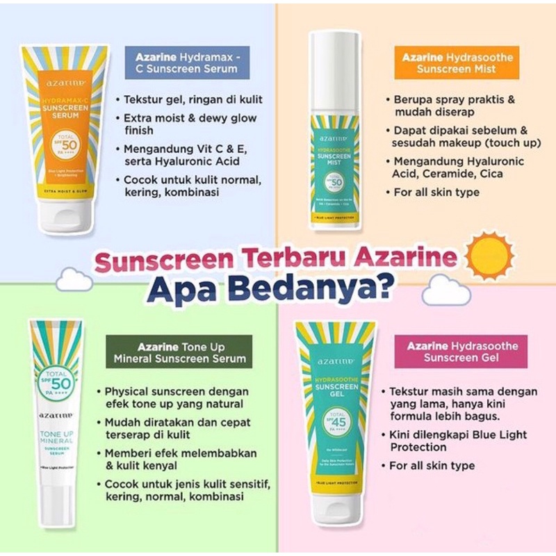 [READY SIAP KIRIM] Azarine Hydrasoothe Sunscreen Gel | Hydramax-C Sunscreen | Tone Up Mineral Sunscreen Serum | Hydrasoothe Sunscreen Mist | SALE ORIGINAL BPOM Pelindung Tabir Surya