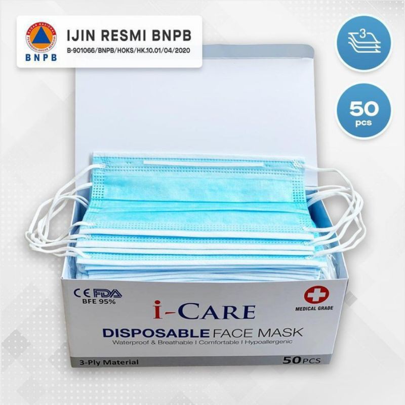Masker 3ply isi 50pcs  i-Care Kemenkes I-Care -Biru Putih Embos Biru