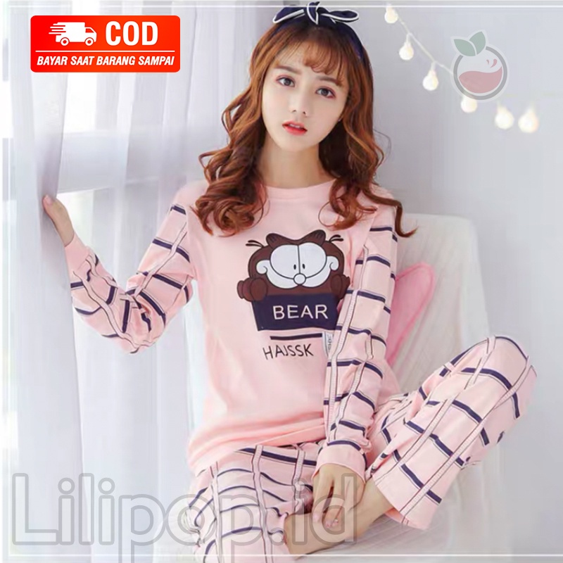 Lilipop.id  Baju Tidur Wanita Garfield Celana Panjang PP Allsize Lengan Panjang Baby Doll Bahan Kaos Dewasa