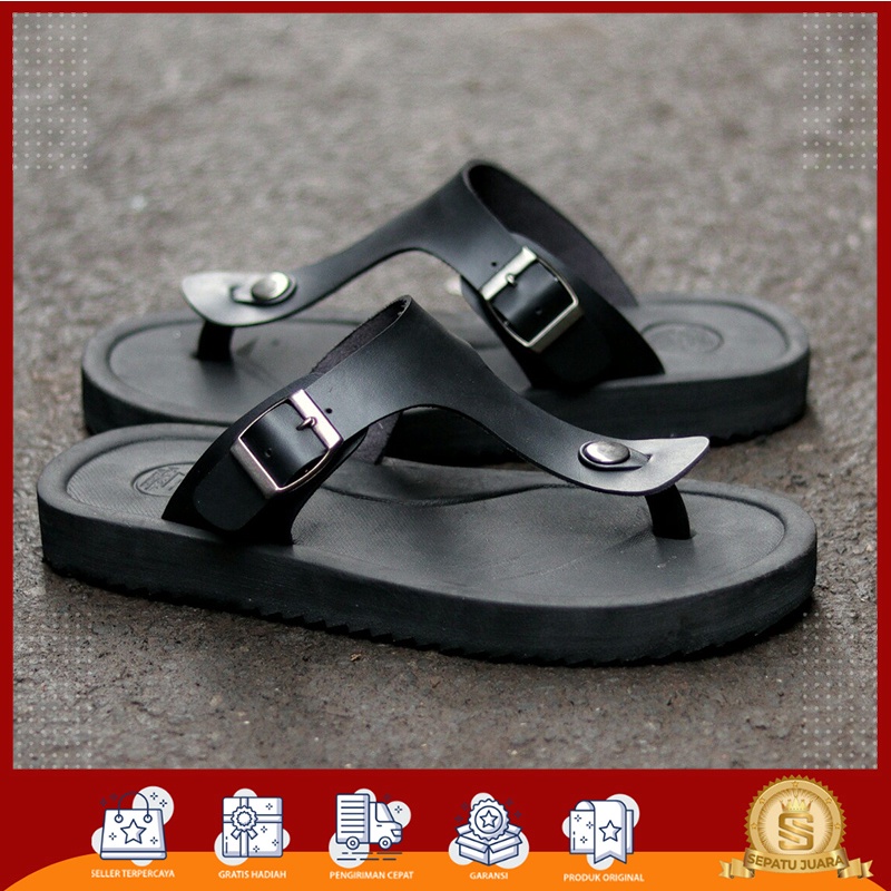 SPJ x GHIMLI - Sandal Jepit Pria Kasual Santai Bahan Kulit Empuk Kualitas Premium Warna Hitam Cokela