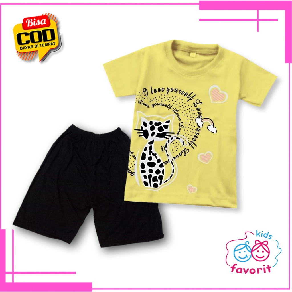 Favorit kids setelan anak perempuan gambar kucing love | Set kaos lengan pendek anak perempuan