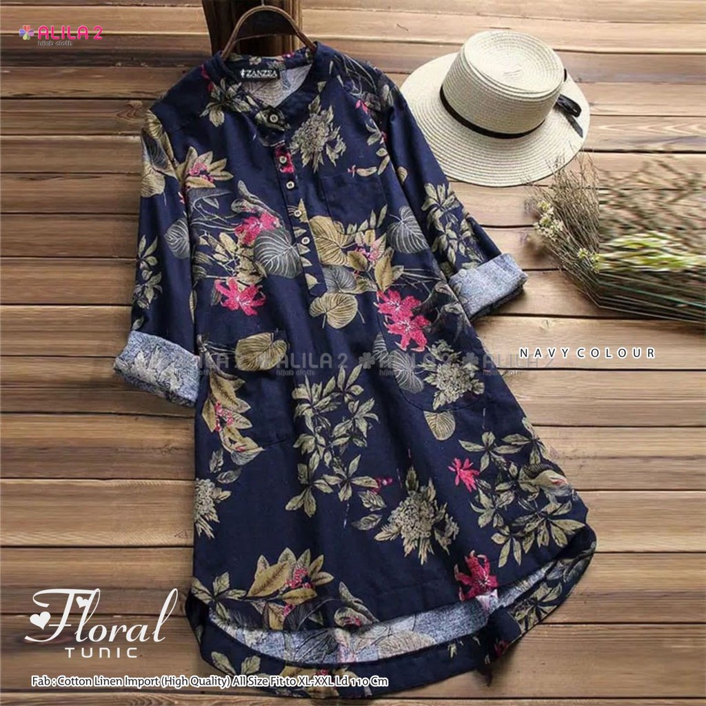 FLORAL TUNIK BERMOTIF BAHAN COTTON LINEN ORIGINAL ALILA