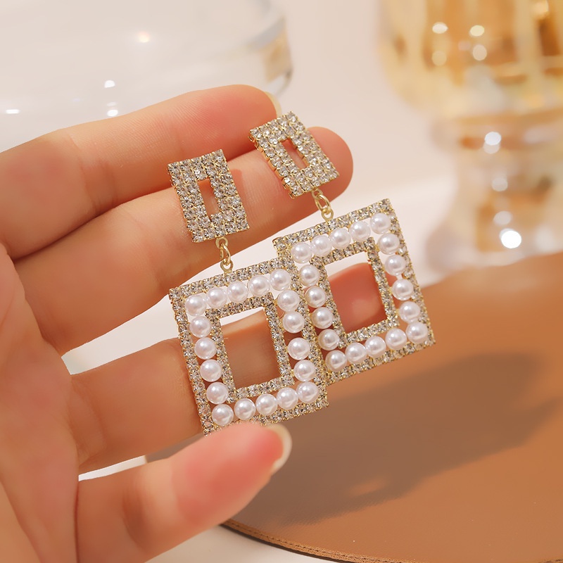 S925 murah hati anting-anting penuh Diamond Pearl rectangular berongga anting-anting-anting-anting y