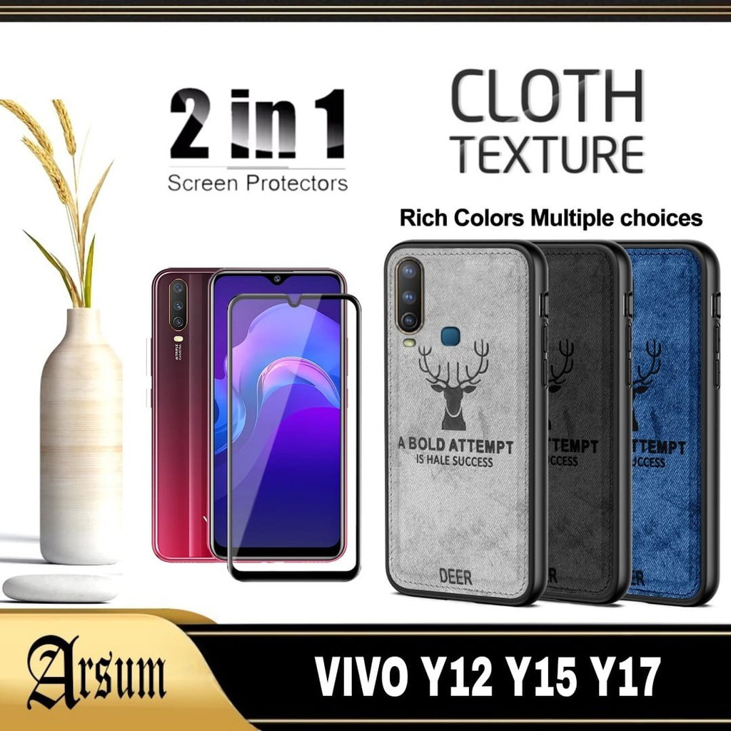PROMO Case 2in1 DEER hp  VIVO Y12, Y15, Y17  Softcase Bermotif jeans + Tempered Glass