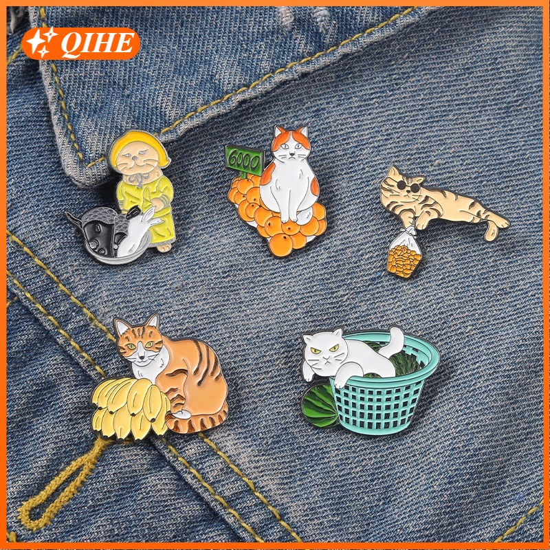 5 Styles of Cartoon Cat Enamel Brooch Animal Fruit Lapel Pin Backpack Badge Collection Clothing Accessories Gifts for Friends