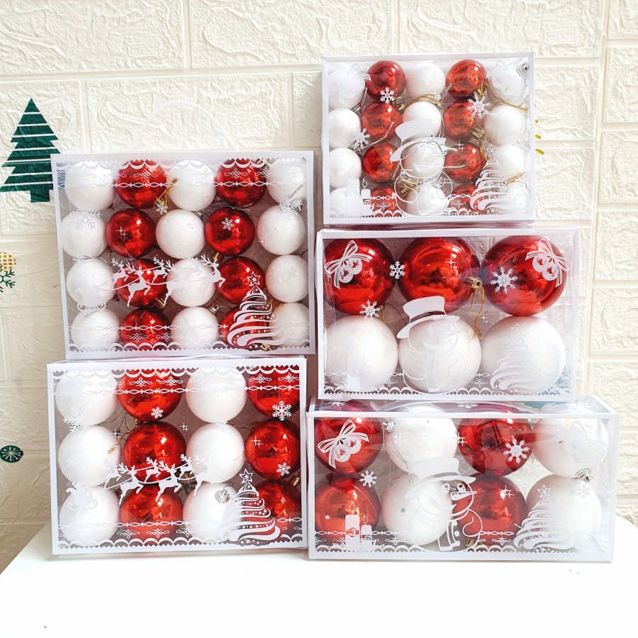 Bola Pohon Natal Merah Putih 1 set 4cm 5cm 6cm 7cm 8cm Hiasan Natal