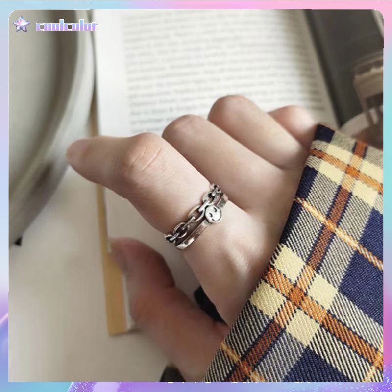 【Ready stock】Cincin titanium wanita anti karat asli tidak luntur Cincin Unisex Smiley Korea Aksesoris Cincin Terbuka Multilayer Retro fashion murah COD