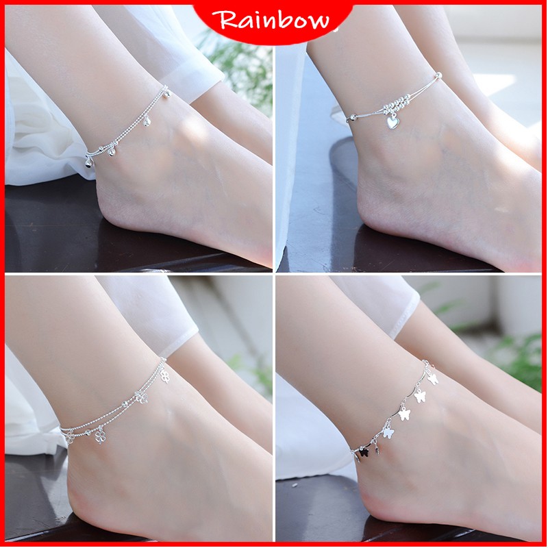 Gelang Kaki Rantai 925 Silver Double Layer Bentuk Hati Untuk Wanita