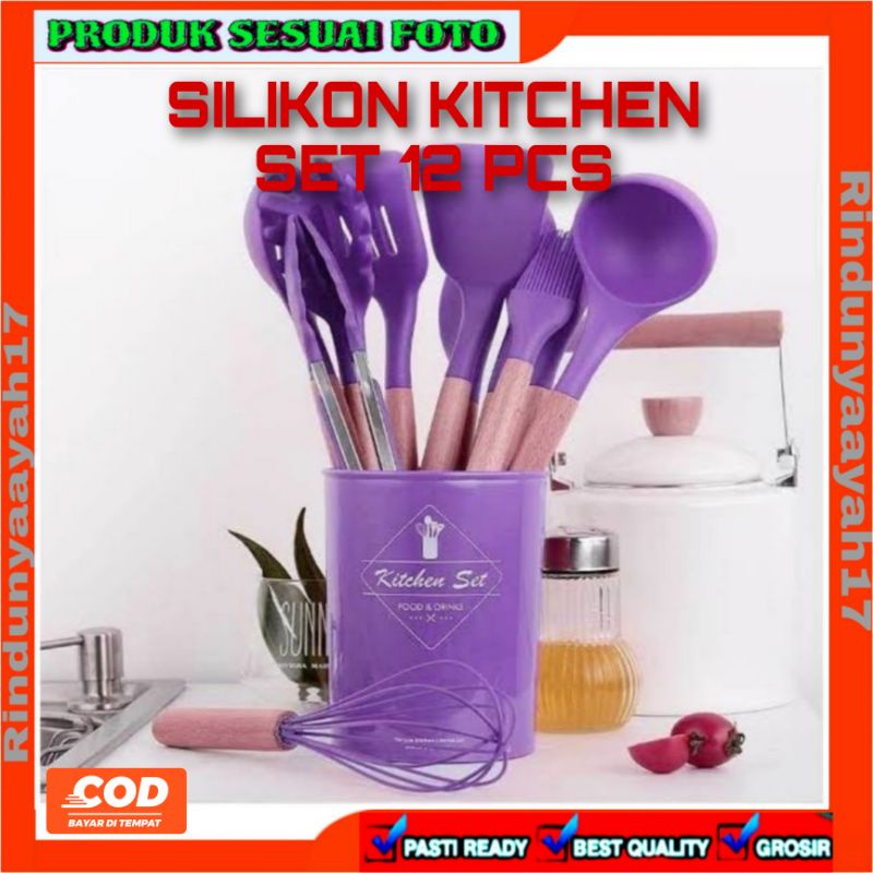 [RA] SILIKON KITCHEN SET UTENSIL 12 PCS SPATULA SUTIL ALAT DAPUR LENGKAP FULLSET FREE WADAH