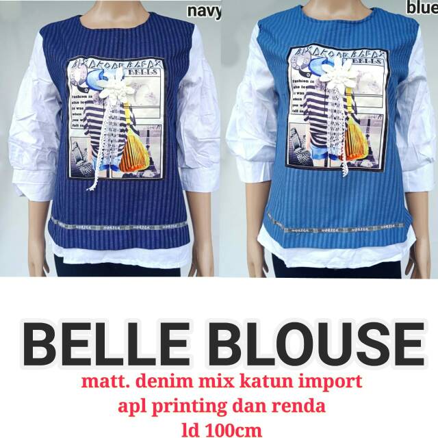 BELLE BLOUSE Matt Denim Mix Katun Import, Apl Printing dan Renda, Fit to XL