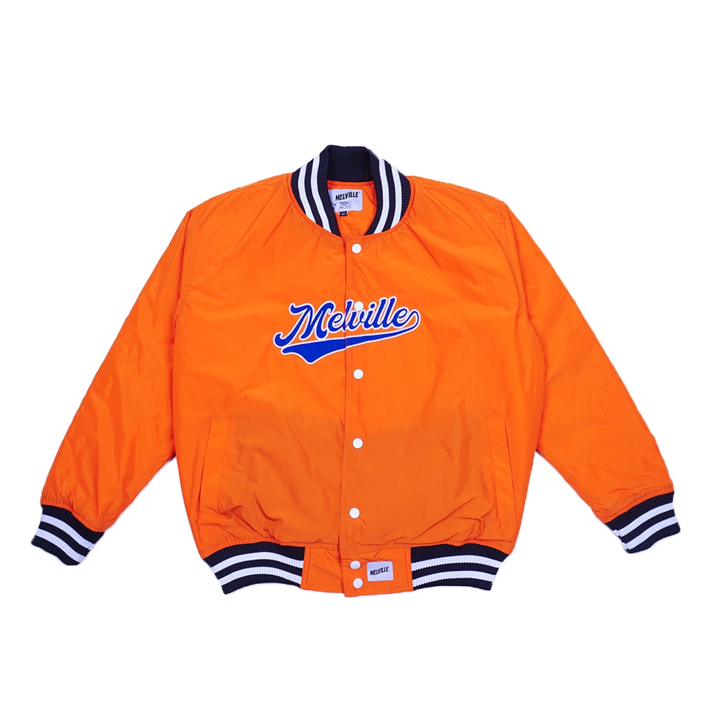 MLVE. Jaket Baseball Varsity Melville Script Orange | Jaket Varsity Waterproof Distro Original | Hig