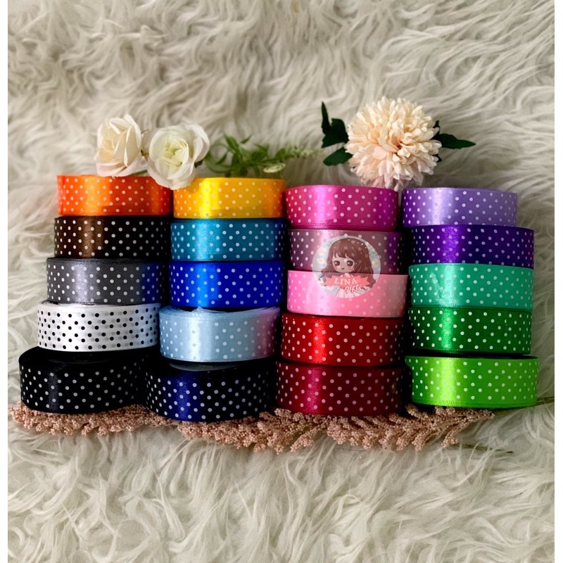 ( Rol 20 Yard ) PITA SATIN POLKADOT 1 IN ( 2,5 CM ) - GIFT RIBBON SATEEN 25MM