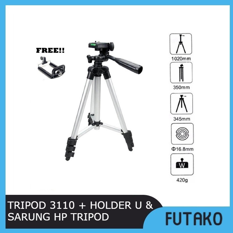 FUTAKO Tripod  1 Meter 3110 Bahan Aluminium + Holder U &amp; Sarung Hp Tripot