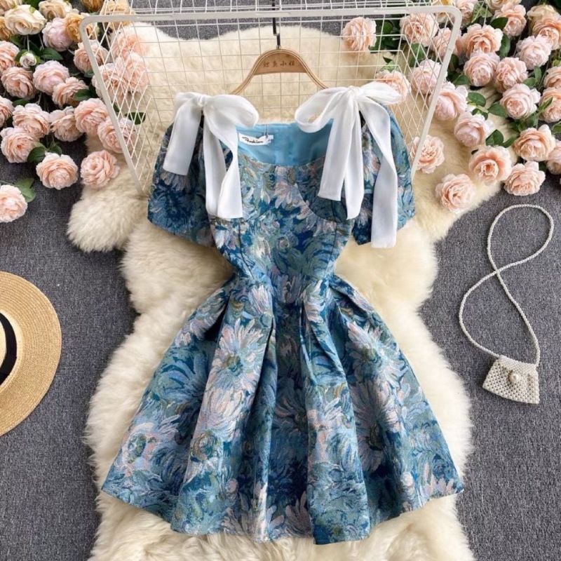 dress artistic gaun seni Artistic oil painting dress with suspenders retro with vintage sweet court style small crowd fleeing princess dress summer Korea dress