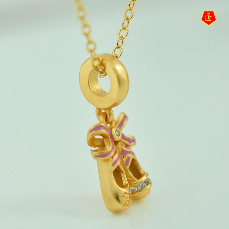 [Ready Stock]Fashion Creative Ballet Shoes Jeweled Pendant Pink Bow Gold Necklace Lucky Beads