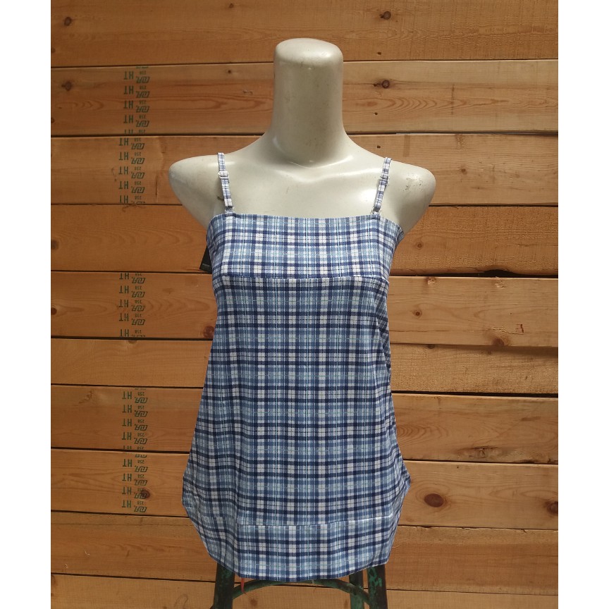 Tank Top Singlet Dalaman Blazer Motif Kotak Biru Kecil Wanita